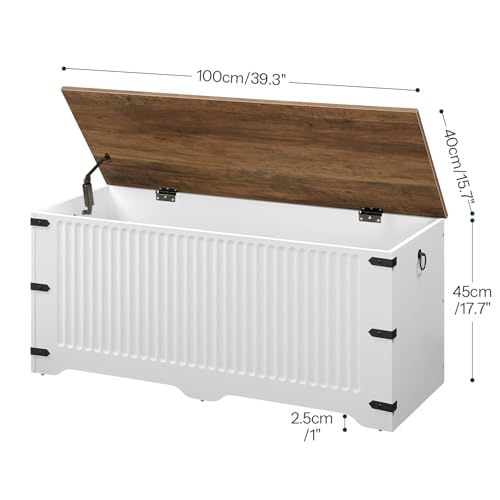 HOOBRO Storage Bench, Toy Box Organizer, Toy Chest with Safety Hinge, Farmhouse Style Storage Chest, 39.3 x 15.7 x 17.7 Inches for Living Room, Bedroom, Entryway, White and Walnut WH26CW01