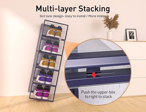 Kuject X-Large Shoe Storage Boxes Organizers Clear Plastic Stackable 12 Pack, Shoe Rack & Holder Substitute, Sneaker Containers, Toy Storage Organizer Bins for Entryway, Closet, Under Bed, Blue - color: Blue, size: X-Large