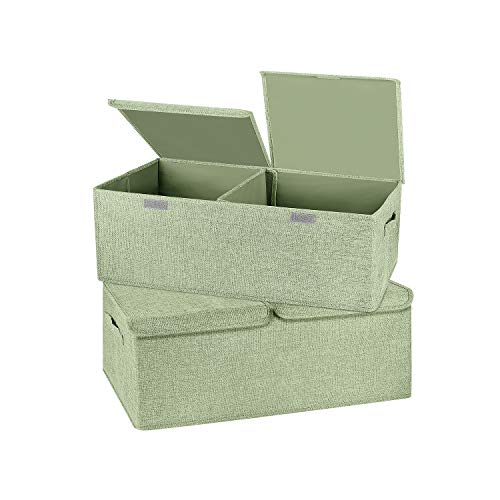 2 Pack Storage Boxes with Lids and Handles, Collapsible Linen Storage Bins Organizer Containers Baskets Cube with Removable Divider for Home Bedroom Closet Office (Green, Small) - color: Green, size: Small