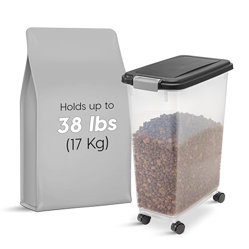 IRIS USA Airtight Dog Food Storage Container, Up to 38 lbs, Attachable Wheels, For Dog Cat Bird and Other Pet Food Storage Bin, Keep Fresh, Translucent Body, Easy Mobility, Black - color: Black, size: 38 lbs