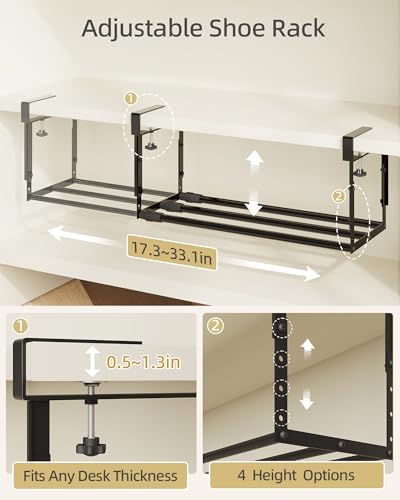 2 Pack Expandable Shoe Rack Organizer for Cabinet, Adjustable Hanging Under Shelf Storage, Sturdy Round Tube Design, Space Saving Shoe Shelf for Closet, Entryway, Laundry Room, Black - color: Black