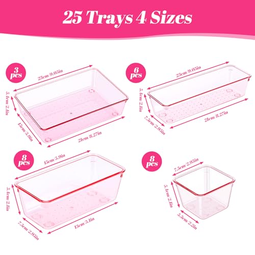 25pcs Pink Plastic Drawer Organizer Set, Clear Stackable Drawer Organizer,Kitchen Drawers Dividers for Bathroom, Office, Kitchen Cabinets and Dressing Tables