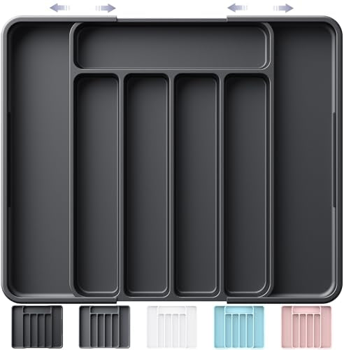 Kitsure Cutlery Drawer Organiser for Kitchen - Adjustable Cutlery Tray for Effortless Utensil Sorting, Versatile Kitchen Storage & Organisation Solution, 12.13" x 1.54" x 8.07"~13.90", Black