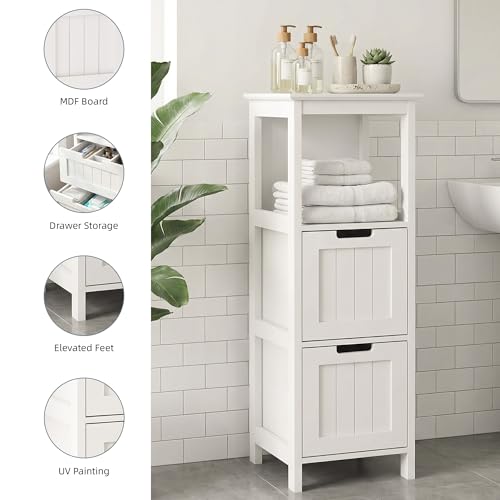 Casaphoria 2-Drawer Bathroom Floor Cabinet, Wooden Storage Organizer with Side Rack, Freestanding Stand Table for Bathroom, Hallway, White - size: 13"L×13"W×35.43"H