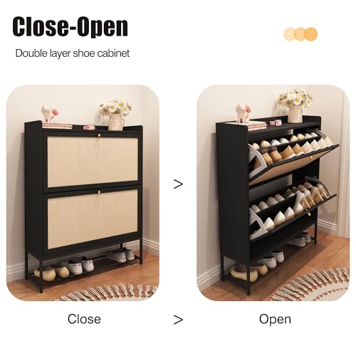 AVZEAR Narrow Shoe Storage Cabinet for Entryway with 2 Flip Drawers, Freestanding Shoe Cabinet with Natural Linen Panel, Slim Wood Shoe Organizer Closed Shoe Rack for Hallway, Foyer(Black) - color: Black, size: 2 Drawers