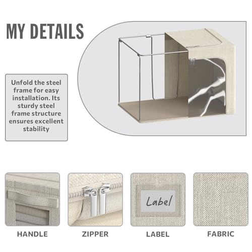 4 Pack Clothes Storage Bins with Metal Frame - 100L Stackable Storage Box with Lid，Foldable Storage Container Organizer for Clothes，Linen Fabric Storage Box with Clear Window＆Zippers＆Handles - color: Beige, size: 100L