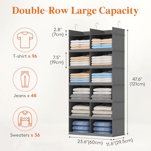Lifewit Dual-Row 6 Tier Hanging Closet Organizer and Storage, Wide Clothes Storage Shelves with 3 Sturdy Hooks for Clothing Organization, Large Foldable Sweater Shelf for Bedroom, 12 Sections, Grey - color: Grey, size: 6-Tier