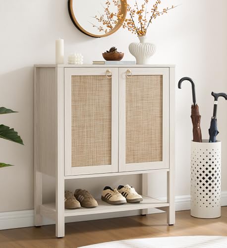 SICOTAS Rattan Shoe Cabinet with Storage - 5 Tier Farmhouse Boho Shoe Organizer Storage Cabinet with Shelves & Doors, Tall Shoe Rack Cabinet for Entryway, Living Room, Closet (White Cream Oak) - color: White Cream Oak, size: 1 Piece