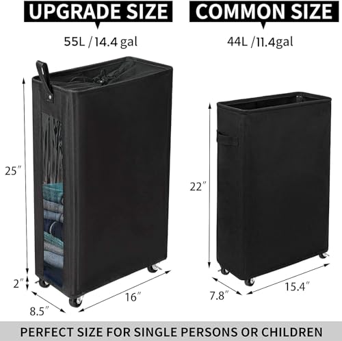 ZERO JET LAG 25 Inches Slim Laundry Storage Hamper - Large Rolling Clothes Hamper - Rolling Storage Bin - Tall Corner Basket - Clear Window Visible - Dirty Laundry Bin - (Black) - color: Solid Black