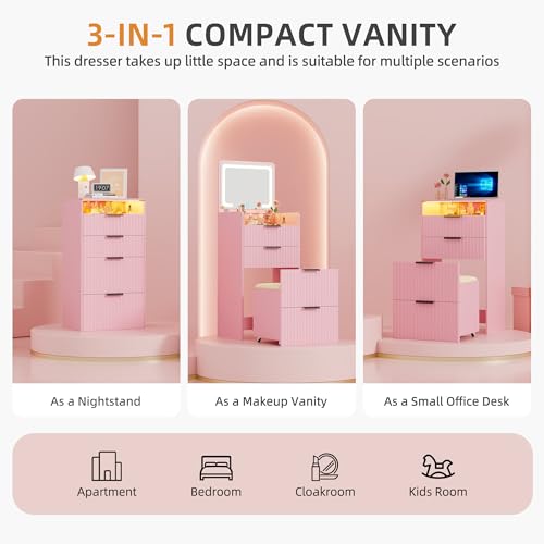 Gurexl Fluted Small Vanity Desk with Mirror and Lights, 3-in-1 Compact Makeup Vanity Set with Hidden Storage Stool, Mini Dressing Table with 3 Drawers for Little Girls (Pink) - color: Pink