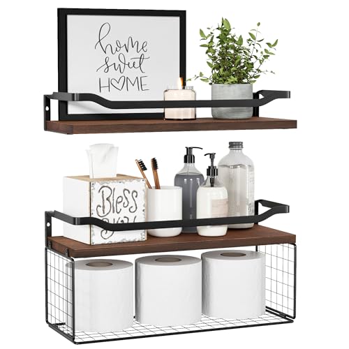 WOPITUES Floating Shelves with Wire Storage Basket, Bathroom Shelves Over Toilet with Protective Metal Guardrail, Wood Wall Shelves for Bathroom, Bedroom, Living Room, Toilet Paper- Dark Brown - color: Dark Brown