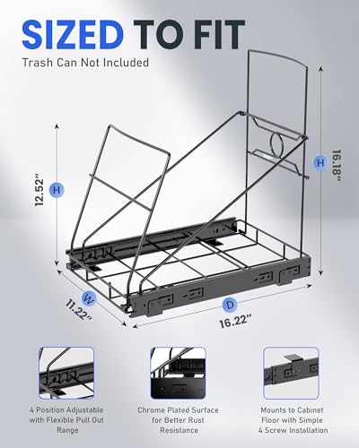 Pull Out Trash Can Under Cabinet Adjustable Trash Can Holder for 7 to 11 Gallon Bin Bottom Mount Slide Out Trash Rack for Narrow Cabinets(Black, No Bin Included) - color: Black