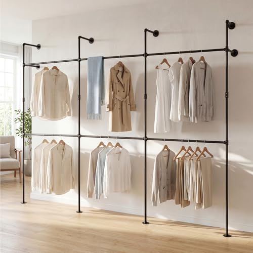 Giantex Industrial Pipe Clothing Rack, 118" Wall Mounted Heavy-Duty Metal Garment Organizer with 6 Hanging Rods, 2-Tier Walk-in Closet System for Wardrobe Closet, Retail Display - size: 118 Inches