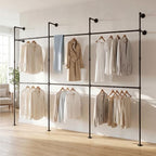 Giantex Industrial Pipe Clothing Rack, 118" Wall Mounted Heavy-Duty Metal Garment Organizer with 6 Hanging Rods, 2-Tier Walk-in Closet System for Wardrobe Closet, Retail Display - size: 118 Inches