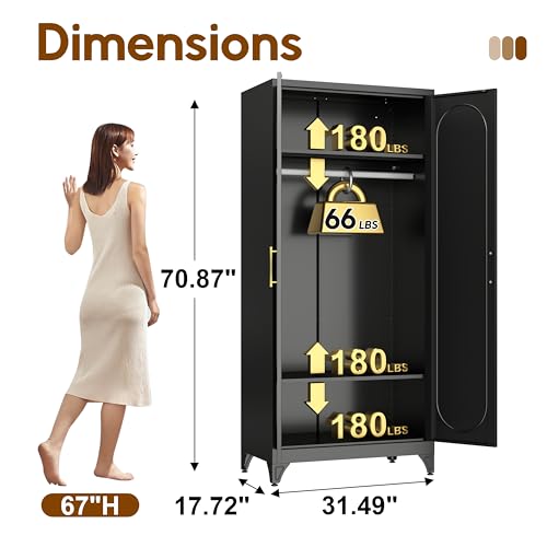 UNICOLY Armoire Wardrobe Closet with Doors, 71'' Wardrobe Cabinet with Hanging Rod, Metal Closet with 2 Adjustable Shelves for Bedroom School, Employee, Gym, Armarios De Ropa para Dormitorio, Black - color: Black, size: 71 Inch arched-J with 0 Drawers