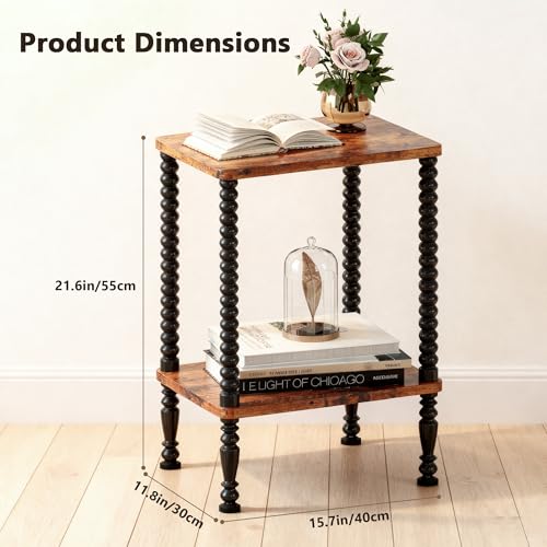 Side Table, 2-Tier Wood End Table, Vintage Bedside Nightstand with Open Storage Shelf for Living Room, Bedroom, Office, Rustic Brown - color: Rustic Brown, size: 2-Tier