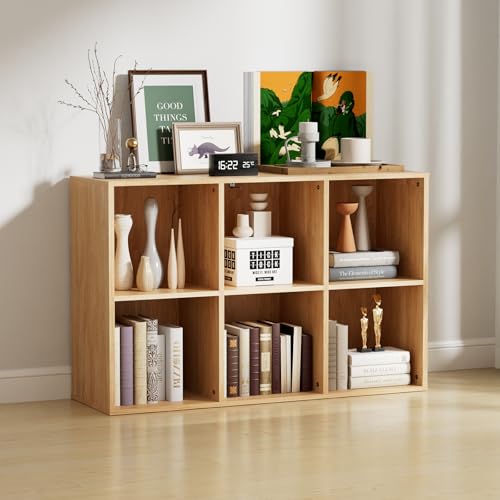 Wooden 6 Cube Storage Organizer with Closed Back Panel, Modern Open Cube Storage Shelf Bookshelf with Compartments, Cube Shelf Organizer for Living Room, Bedroom, Study Room (Wood Color) - color: Wood Color