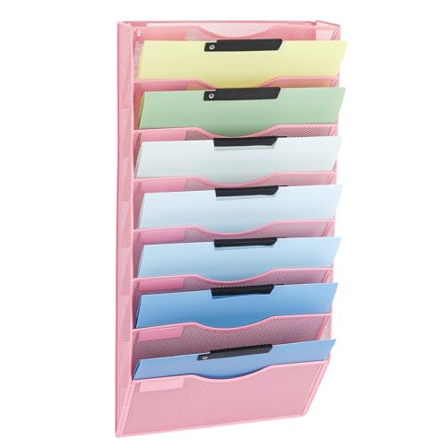 EASEPRES 8 Pocket Mesh Hanging Wall File Organizer, Wall Mounted Mail Paper Document Folder Holder, Clipboard Storage Organization Magazine Rack with Nametag Label for Office Home School, Pink - color: Pink, size: 8 Tier