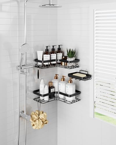 Sakugi Corner Shower Caddy - 3-Pack Shower Organizer with Soap Holder & Built-In Hooks, Rustproof Metal Shower Shelves, Laundry, Kitchen, Bathroom Organizers and Storage Solution, Large, Black - color: Black, size: Large - 3 Packs