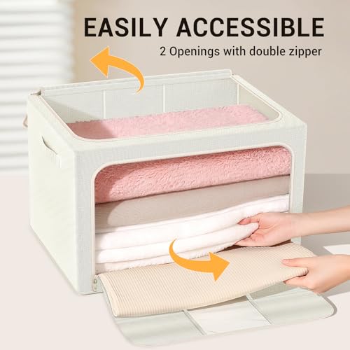 Clothes Storage Bins with Metal Frame, Foldable Clothes Organizers Storage Containers for Clothes, Sheets, Blankets, Pillows and Towels (100L, 3 Pack) Beige - color: Beige, size: 100L(23.6''X16.5"X15.7")