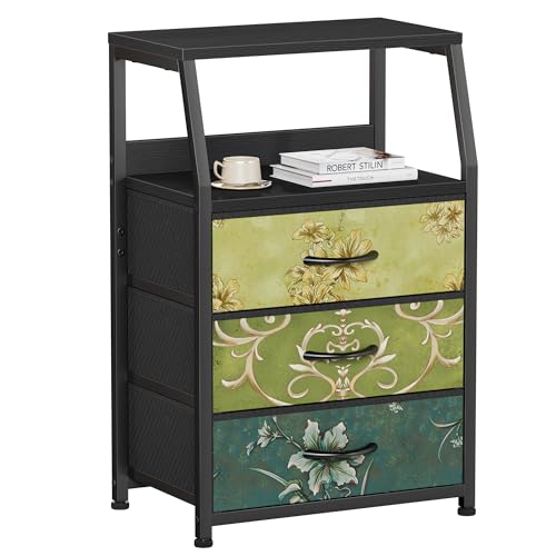 Furnulem Retro Night Stand with 3 Drawers and 2-Tier Shelf, Small Nightstand Side Table, Vintage Storage Dresser for Bedroom, Fabric Drawer Organizer for Closet, Beside Furniture - color: Vintage Floral, style: 3 Drawers