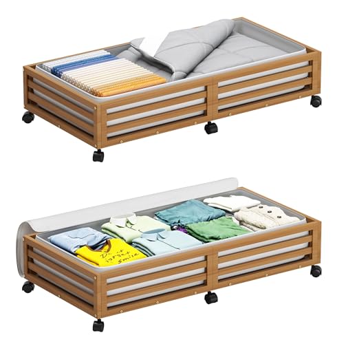 Wisuce Bamboo Under Bed Storage Containers- Underbed Organizer with Wheels with Dust Bag,Sturdy Wood Rolling Under the Bed Shoe Storage Organizer Drawers (Brwon, 2 Pack (33.07"×16.54")) - color: Brwon, size: 2 Pack (33.07"×16.54")
