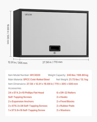 VEVOR Metal Wall Cabinet, 30.31 x 12.01 x 19.69 Inch, Floating Garage Tool Cabinet with Up-Flip Door and Shelf, 240 lbs Load Capacity, Fit for Garage, Basement, Kitchen, Warehouse Assembly Required - style: Upgrade Flip up 20"