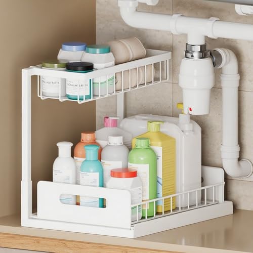 VUSIGN 2 Tier Under Sink Organizer and Storage, Slide Out Pull Out Cabinet Organizer Shelf, Storage for Kitchen Bathroom Laundry, 1Pack, White - color: White-1pc