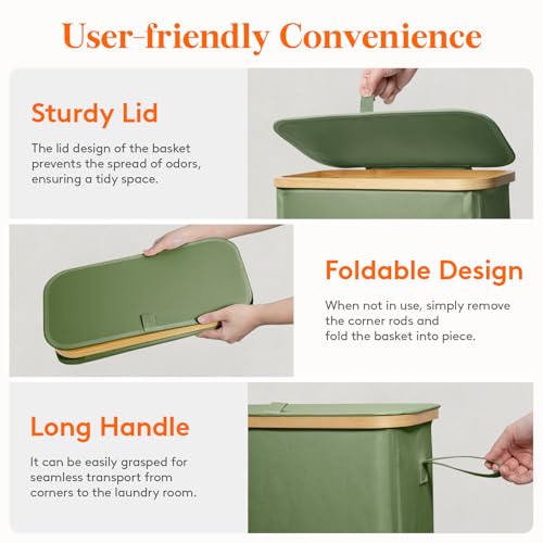 Lifewit 75L Slim Laundry Hamper with Lid, Narrow Laundry Basket with Removable Bag & Bamboo Handles, Fodable Thin Dirty Clothes Hamper for Laundry Collapsible Bin for Bathroom Bedroom Dorm, Green - color: Green, size: 75L