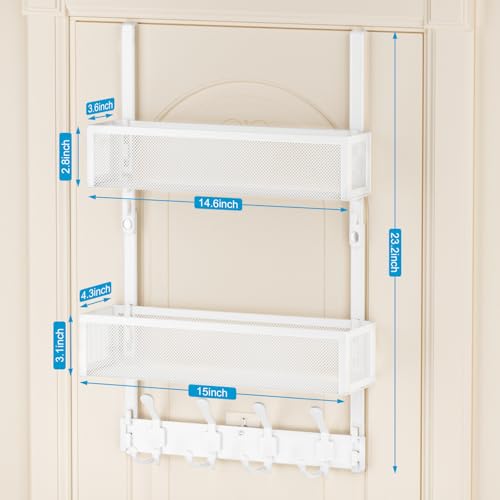 Over The Door Hooks Organizer, Door Hanger Towel Rack with 2 Baskets, Adjustable Over The Door Coat Rack, Back of Door Storage for Bedroom, Kitchen, Bathroom (White) - color: White, size: 2 Baskets