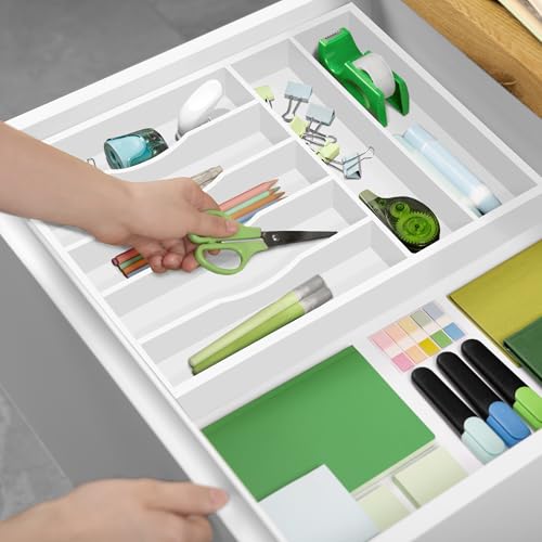 ROYAL CRAFT WOOD Luxury Bamboo Kitchen Drawer Organizer - Silverware Organizer - Utensil Holder and Cutlery Tray with Grooved Drawer Dividers for Flatware and Kitchen Utensils (7 Slot, White) - color: White, size: 7 Slot