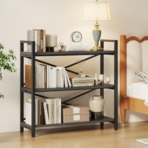 Homeiju 3 Tier Bookshelf 31.49" Width, Wood and Metal Etagere Bookcase, Vintage Farmhouse Modern Wooden Big Book Shelf for Home Living Room Bedroom Office Storage(Grey) - color: Grey, size: 3 Tier - 31.5" W