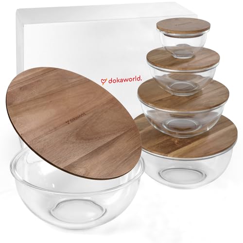 Set of 5 Nesting Glass Bowls with New Updated Acacia Lids for Foodprep, Storage, Mixing & Cooking - Microwave & Oven-ready BPA Free Durable Heat Resistant Inert Borosilicate Glass - color: 5 Mixing Bowls with Acacia Lids