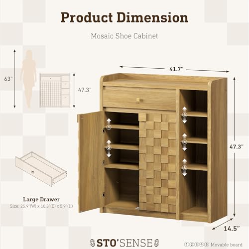 STO'SENSE Large Shoe Cabinet with Doors, 8-Tier Shoe Storage Cabinet with Drawer & 4 Side Cubbies & 5 Adjustable Shelves, 47" Tall Shoe Rack Organizer Cabinet for Entryway, Hallway (Original Oak) - color: Original Oak