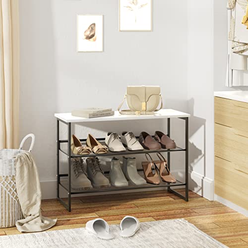 Garden 4 you Shoe Rack for Entryway 3 Tiers 11.8" D x 25" W x 20" H, Metal Shoe Rocks with White Wooden Tabletop, Angled Shoes Rack with Adjustable Mesh Shelves for Entryway Hallway Closet - color: Marble White, size: 3-Tiers