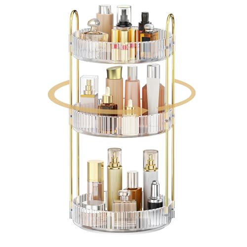 MOKANI 360 Rotating Makeup Organizer for Vanity, 3 Tier Adjustable Perfume Organizer for Dresser, Multi-Function Spinning Cosmetics Skincare Storage for Bedroom, Dresser, Countertop, Clear - color: B-Clear, size: 3 Tier