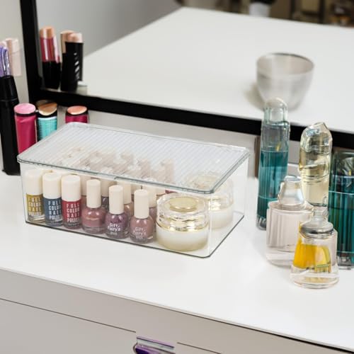 ZEXALOR Clear Plastic Storage Bin with Lid, Makeuo Holder, Fridge Organizer, Refrigerator Organizers and Storage, Small Container for Pantry, Office, Dresser, Bathroom, Kitchen, Snack - size: Medium