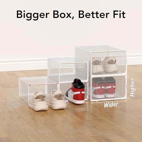 Foluck X-Large Shoe Storage Box, 15 Pack Clear Plastic Stackable Shoe Organizer for Closet, Interlocking Design Shoe Container Bins for Sneakers, Foldable Shoe Rack with Lids, White - color: White