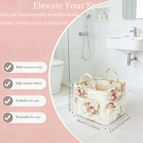 Quilted Laundry Basket with Handles - Multi-Purpose Fabric Storage Basket，Boho Fabric Storage Baskets with Handles for Car, Home & Nursery - Collapsible Square Organizer (White) - color: White