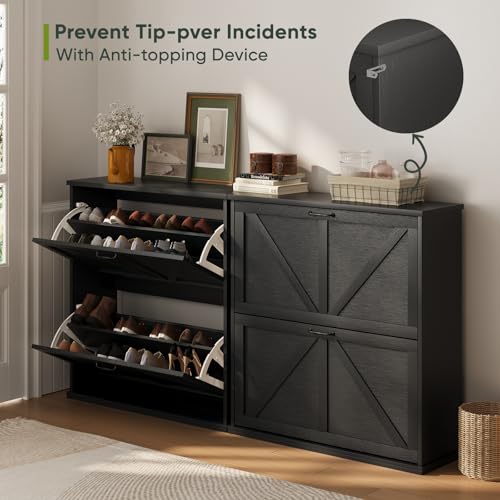Smart FENDEE Shoe Cabinet, Shoe Storage Cabinet for Entryway with 2 Flip Drawers, Narrow Farmhouse Shoe Organizer Cabinet, Slim Shoe Rack Cabinet, 31.5in Black - color: Black, size: Width - 31.5 inches