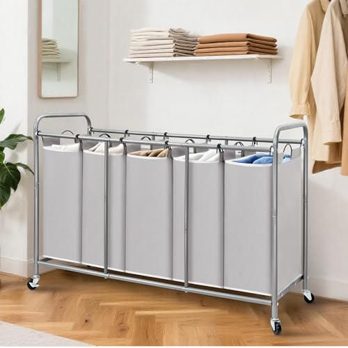 STORAGE MANIAC 5 Section Laundry Sorter, 5 Bins Rolling Separator Laundry Basket, Dirty Clothes Hamper Divider with Heavy Duty Rolling Lockable Wheels, Large Clothes Organizer Cart, Gray - color: Gray, size: 5 Section