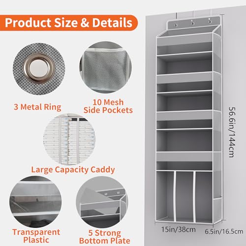 TAHAVICE Heavy Duty Over the Door Organizer with Large Capacity Caddy, Behind Door Storage with 10 Mesh Side Pockets, Back of Door Hanging Organizer for Closet, Bathroom, Laundry - color: Grey