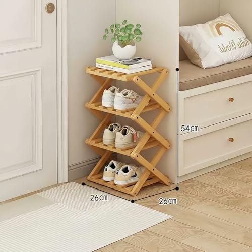 Foldable Shoe Rack, Bamboo Vertical Shoe Organizer Tall for Small Spaces. Multifunctional Narrow Shoe Shelf for Entryway, Closet, Corner, Bedroom, Hallway, Wood Color 4 Layers - size: 4th floor
