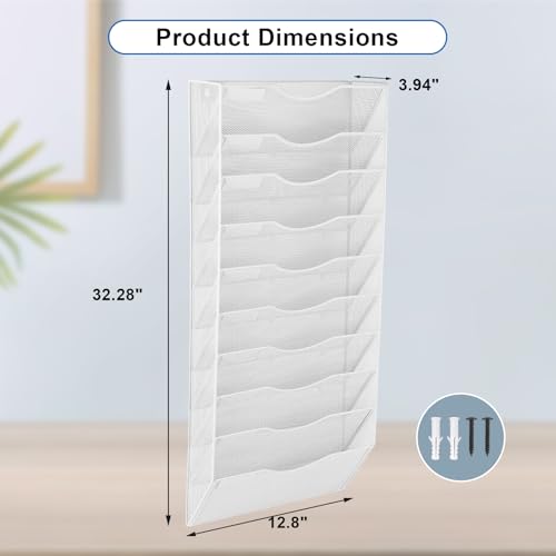 EASEPRES 10 Pocket Mesh Hanging Wall File Organizer, Wall Mounted Mail Paper Document Folder Holder, Clipboard Storage Organization Magazine Rack with Nametag Label for Office Home School, White - color: White, size: 10 Tier