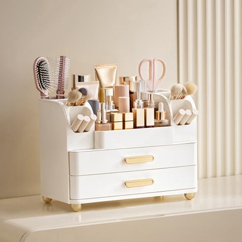 HBlife Makeup Organizer for Vanity with Brush Holder, Large Bathroom Countertop Cosmetic Organizer Skin Care Storage, Easy to Store Lipsticks, Nail Polishes, Perfumes, Eyeshadow Palettes, All White - color: All White