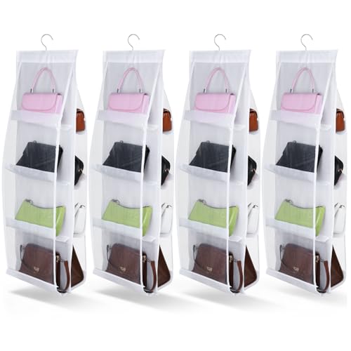 4 Pack Hanging Handbag Purse Organizer for Closet, 8 Pockets Space Saving Purse Storage Organizers Handbag Organizer Holder with Thicken Metal Hooks for Women Wardrobe(White, 41” x 13.8”)