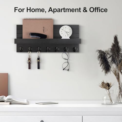Lwenki Key Holder Wall Mount, Entryway Key and Mail Holder with 7 Sturdy Hooks for Sunglasses, Dog Leash, Decorative Wall Shelf with Mounting Hardware, 15”W x 6.7”H x 4.2”D - color: Black