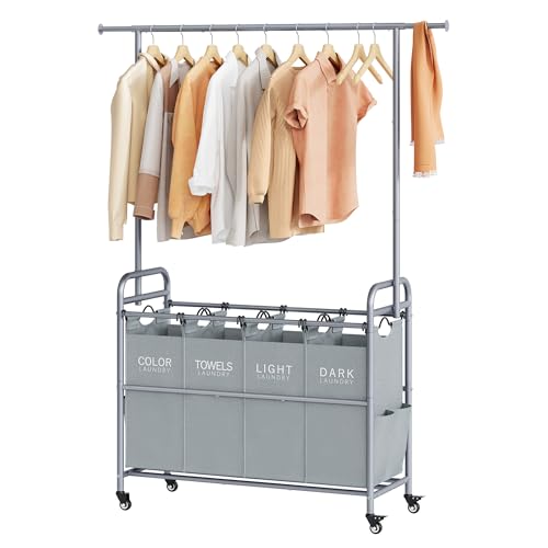 Tajsoon Laundry Sorter with Hanging Bar, 4 Section Rolling Laundry Hamper with Heavy Duty Lockable Wheels, Laundry Sorter Cart for Bathroom & Bedroom, Gray - color: Gray, size: 4 bag