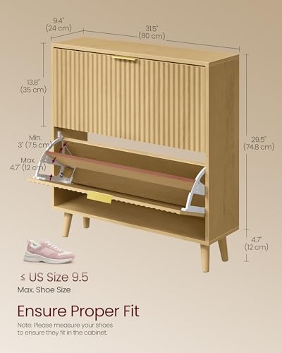 VASAGLE MAXE Collection - Shoe Storage Cabinet with 2 Flip Drawers, Freestanding Narrow Shoe Rack Organizer for Entryway, Fluted Doors, Fits 12-16 Pairs, Mid Century Modern, Oak Beige UHSC202YC03S - color: Oak Beige, size: 9.4"D x 34.2"H, style: 3 Flip Dr