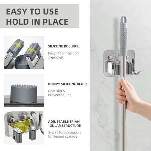 Broom Holder Wall Mount with Screws (4 Pack) Broom and Mop Organizer Wall Hanging, Anti-Slip Mop Holder Broom Hanger with Hooks, Stainless Steel Tool Rack for Garden Garage Organization - color: Black